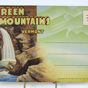 Pochette souvenir vintage de 18 images de montagnes vertes, Vermont - Jeu de cartes postales à déplier, vers 1941 - Souvenirs et souvenirs de voyage - VG