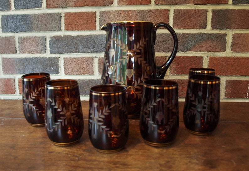 Vintage Bohemian Ruby Red to Clear Hand Etched Crystal Pitcher Set with Gold Trim and 6 Tumbler Cups image 1