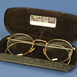 Vintage 1/10 12K Gold Filled BiFocal Eyeglasses w/ Full Rims, Wire Temples and Celluloid Nose Pads & Original Case - ca 1930s - VG Condition