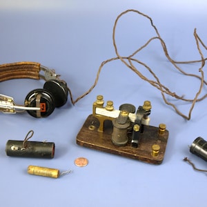 Antique 20 ohm Telegraph Relay Key Sounder and Receiver Headphones by Signal Electric Manufacturing Company USA circa Early 1900&#39;s