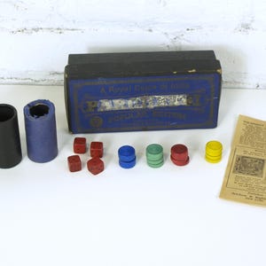 Vintage Parcheesi Wooden Game Pieces Popular Edition Publishers Selchow & Righter Co. - Royal Game of India Dice, Disks, Cups, Instructions