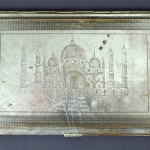 Vintage Silver Metal (Likely, Cast Aluminum) Double Cigarette Case w/ Etched Designs - Made in India, Circa 1940&#39;s - Good+ Condition