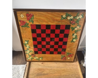 Vintage 80's Strawberry Hand Painted Wood Checker Board Signed Heavy 22x22