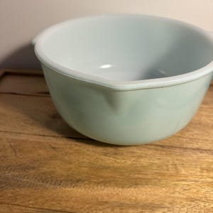 May include: A light blue mixing bowl with a smooth, glossy finish and a rounded shape. The bowl features a small, integrated pouring spout on one side of the rim and a wide, open top, providing a clear view of the interior basin and curved walls.