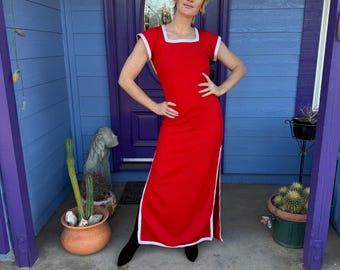 Vintage 70er Jahre Rot Geripptes Maxi Kleid: Handgemachtes Cap Ärmel Kleid