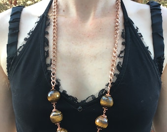 Handgemachte Tigerauge Kupfer Halskette, 70er Jahre Vintage Kette