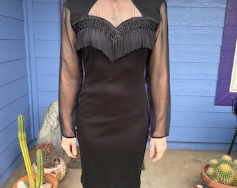 Vintage Schwarzes Fransen Mini Kleid: 80er Jahre Gothic Western, schiere Ärmel