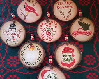 Christmas Ornaments, Wood Slice Ornaments, Painted Ornaments, Stenciled Ornaments, Rustic, Tree Decorations