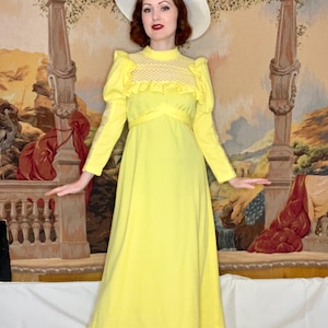 1970s Lemon Yellow Cottage Core Maxi Dress with Juliet Sleeves | Size Small - Medium