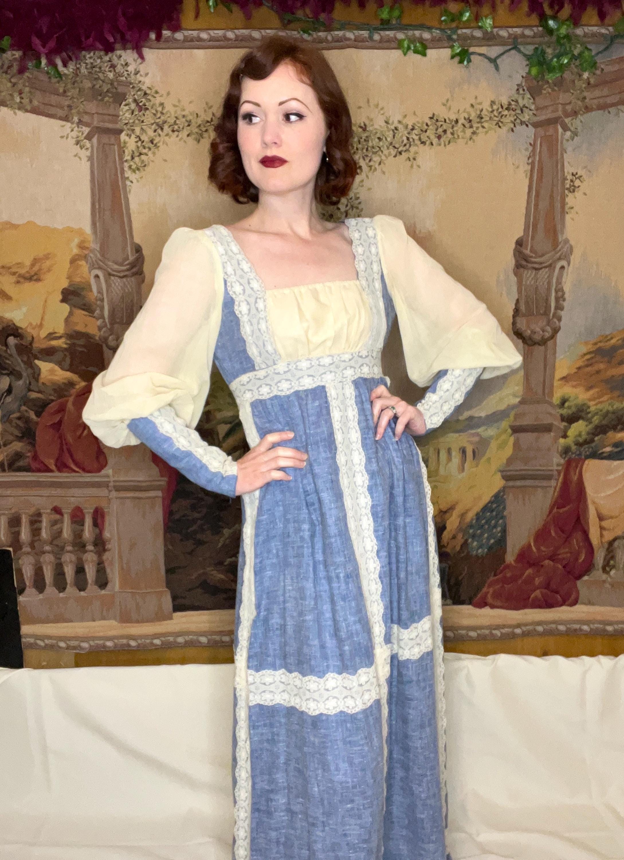 1970s Gunne Sax Blue Prairie Dress With Sheer Juliet Sleeves | Size XS ...