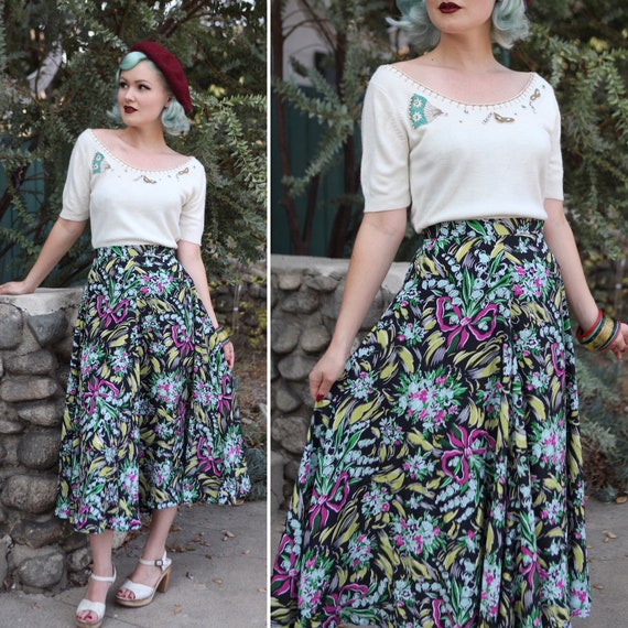80's does 40's Style Floral Bouquet Print Rayon Sk