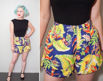 1940's Tiki Hawaiian Surfer Novelty Print Swim Trunks
