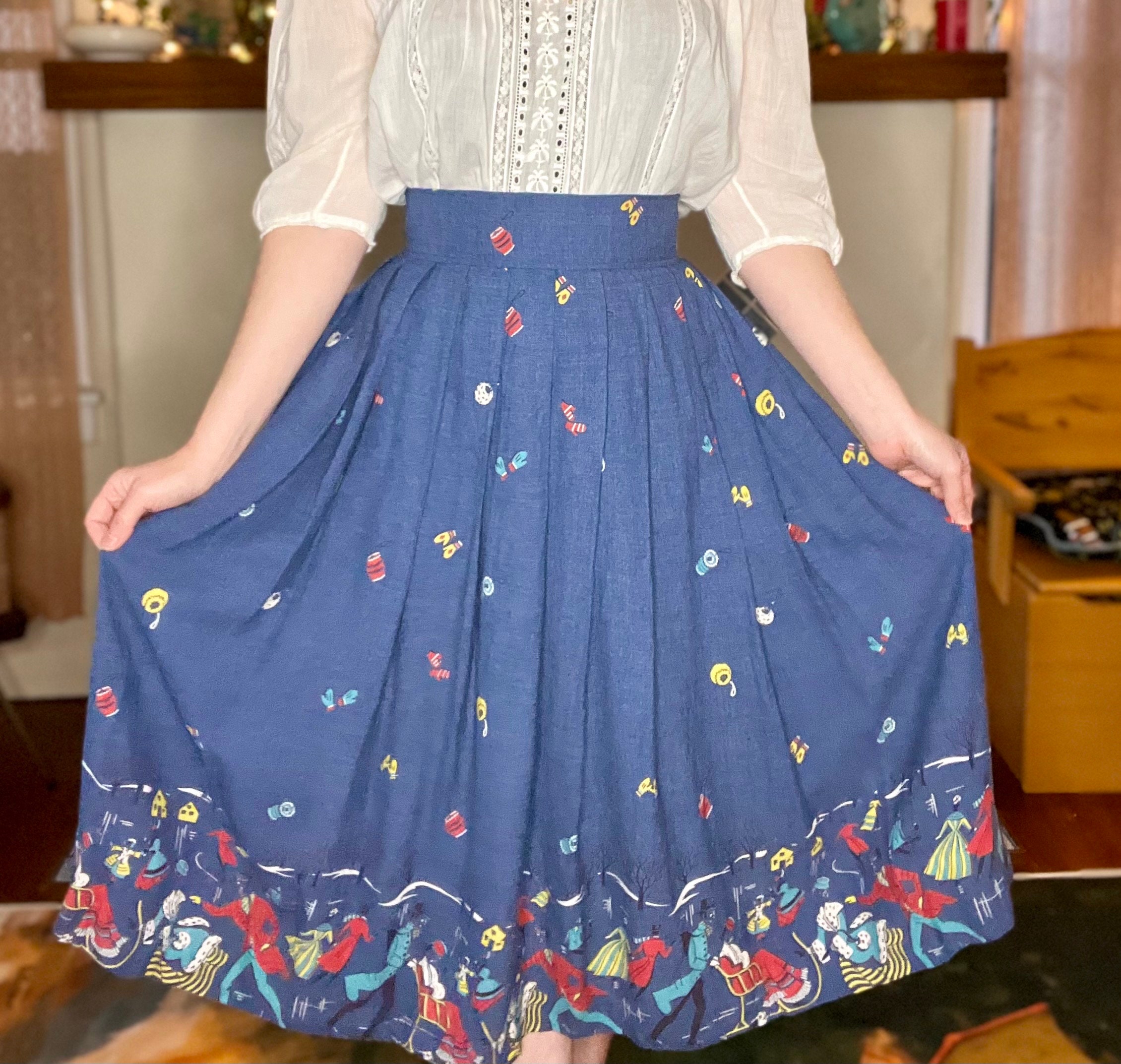 1950s Winter Wonderland Border Print Slate Blue Grey Flannel Pleated Circle Skirt Size Small Etsy