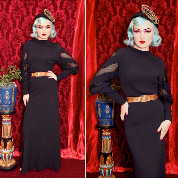 1930s Black Rayon Crepe Gown with Fishnet Bishop S