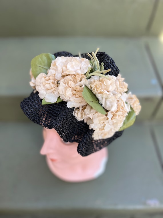 Vintage 1930s Tilt Hat Black Straw Crochet with S… - image 2