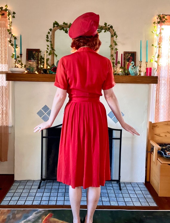 1940s Lipstick Red Rayon Shirt Dress | Button Up … - image 6