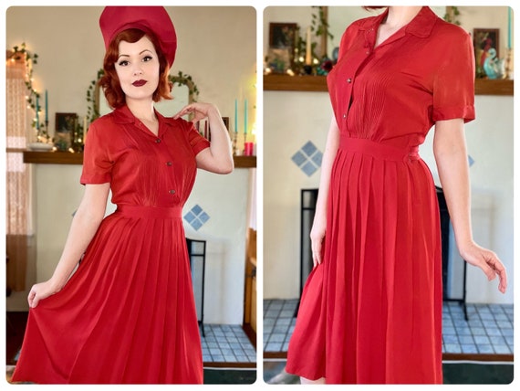 1940s Lipstick Red Rayon Shirt Dress | Button Up … - image 1