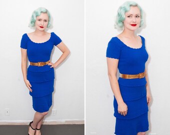 1950's Royal Blue Knit Boucle Scoop Neck Wiggle Dress | Size XS