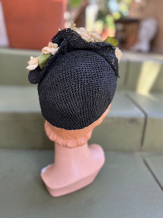 Vintage 1930s Tilt Hat Black Straw Crochet with S… - image 4