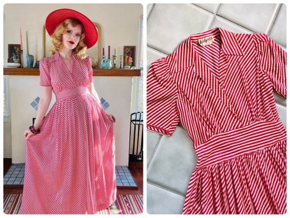 1930s Peppermint Stripe Red + White Dress | Size … - image 1