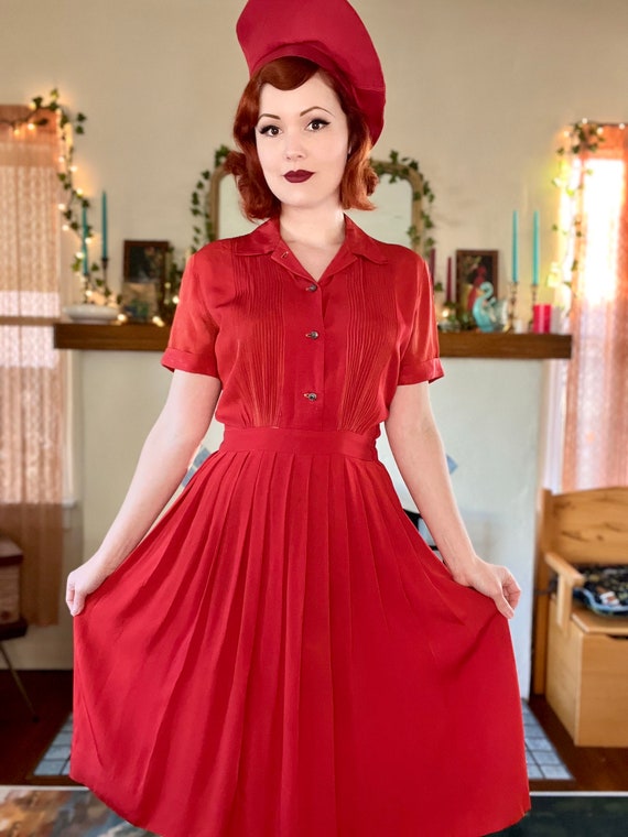 1940s Lipstick Red Rayon Shirt Dress | Button Up … - image 4