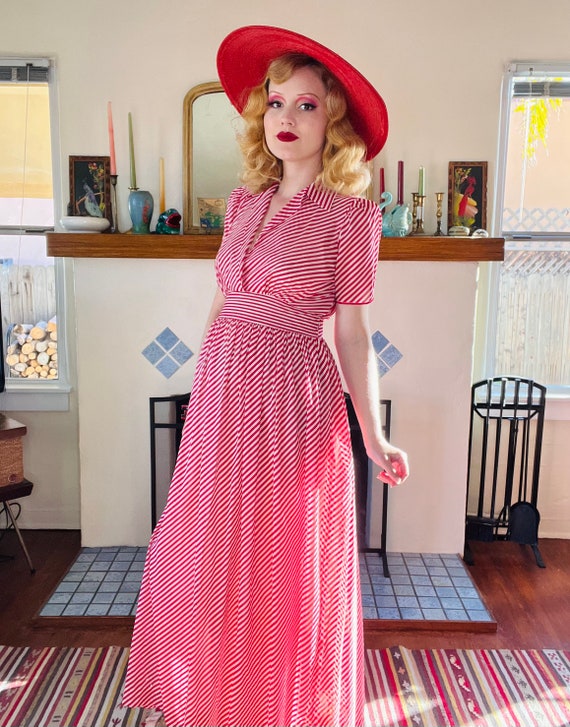 1930s Peppermint Stripe Red + White Dress | Size … - image 3