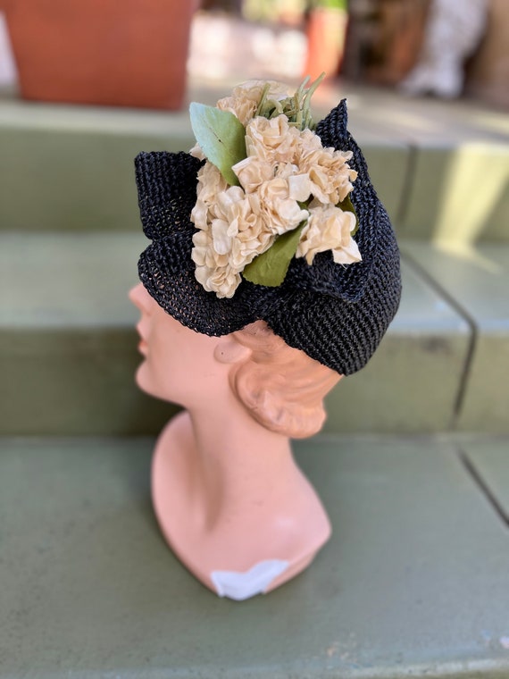 Vintage 1930s Tilt Hat Black Straw Crochet with S… - image 3