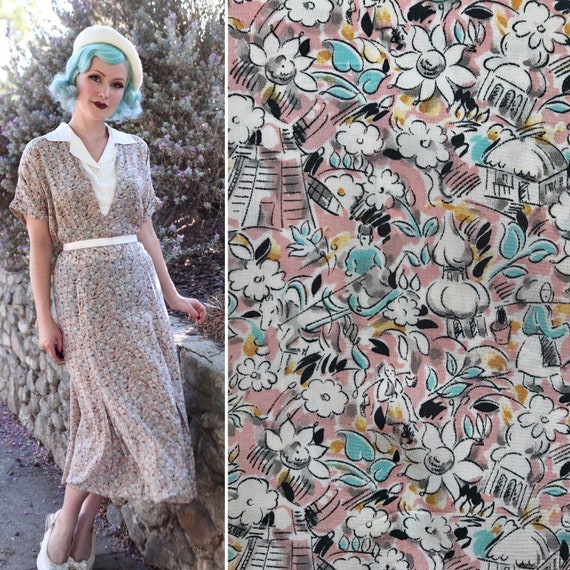 1940s Pastel People + Buildings Novelty Print Dres
