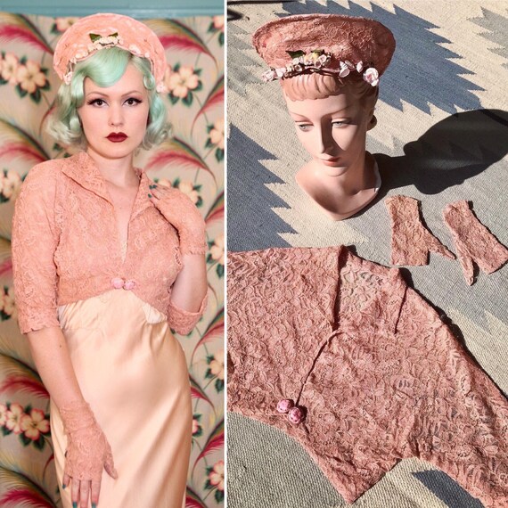 1930s Blush Pink Lace Bolero with Matching Fingerl
