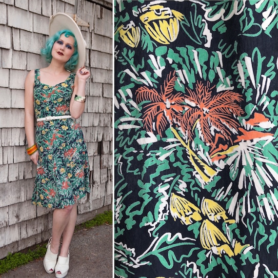 1940s Tiki Hawaiian Print Cold Rayon Dress | Size