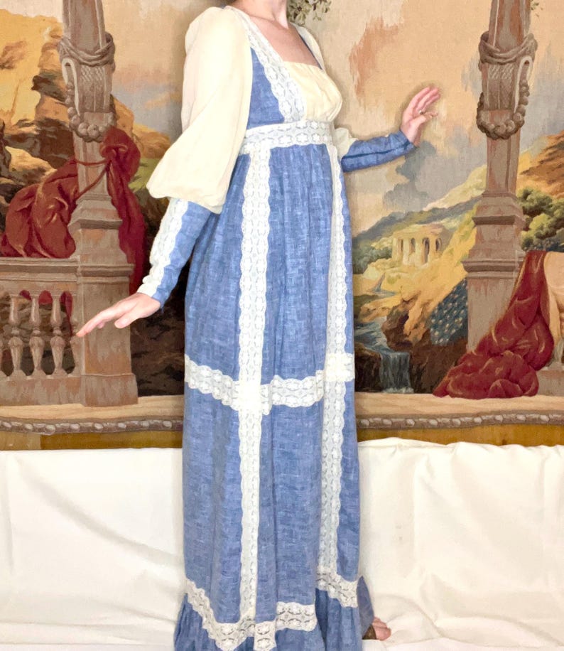 1970s Gunne Sax Blue Prairie Dress With Sheer Juliet Sleeves | Size XS ...