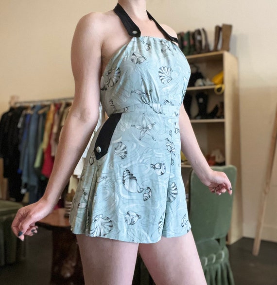 1940s Blue Seashell Print Playsuit | Size XS - image 2