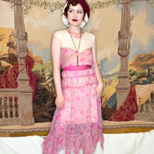 1920s Flapper Sheer Pink Floral Chiffon Dress | Size XS