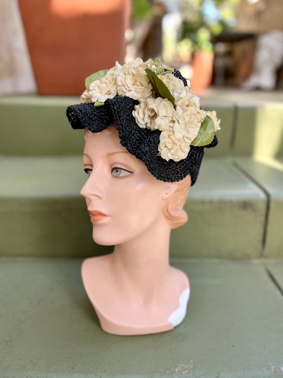 Vintage 1930s Tilt Hat Black Straw Crochet with S… - image 1