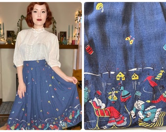 1950s Winter Wonderland Border Print Slate Blue Grey Flannel Pleated Circle Skirt | Size Small