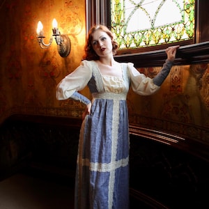 1970s Gunne Sax Blue Prairie Dress with Sheer Juliet Sleeves | Size XS