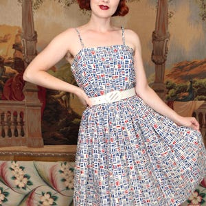 1950s Blue and White Geometric Atomic Print Canvas Sun Dress | Size Medium