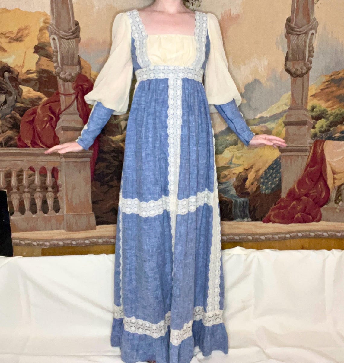 1970s Gunne Sax Blue Prairie Dress With Sheer Juliet Sleeves | Size XS ...