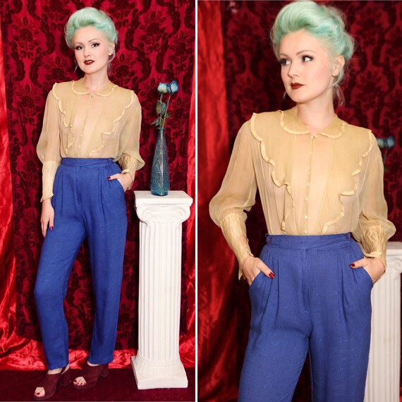 1910s Sheer Yellow Silk Blouse with Ruffle Collar