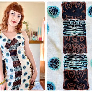 1960s Tiki Dress Barkcloth Brown, White + Blue Print Hawaiian Dress | Size Small