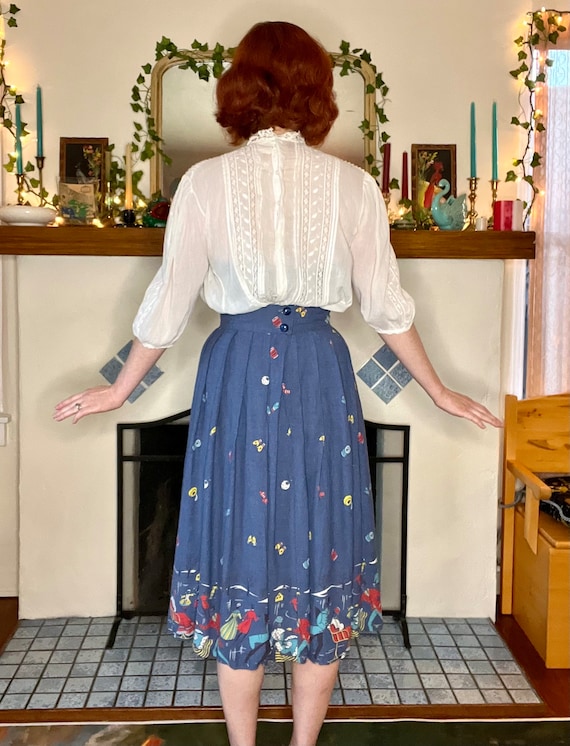 1950s Winter Wonderland Border Print Slate Blue Grey Flannel Pleated Circle Skirt Size Small Etsy