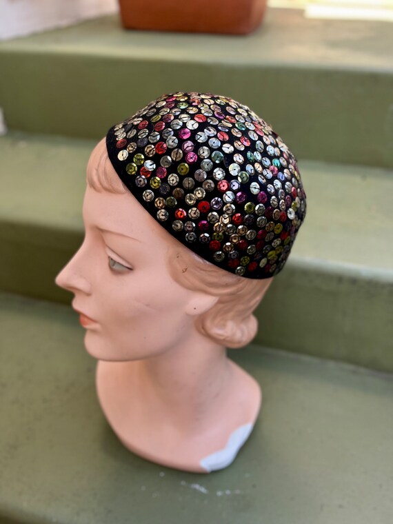 Art Deco 1930s Rainbow Sequin Skull Cap Hat