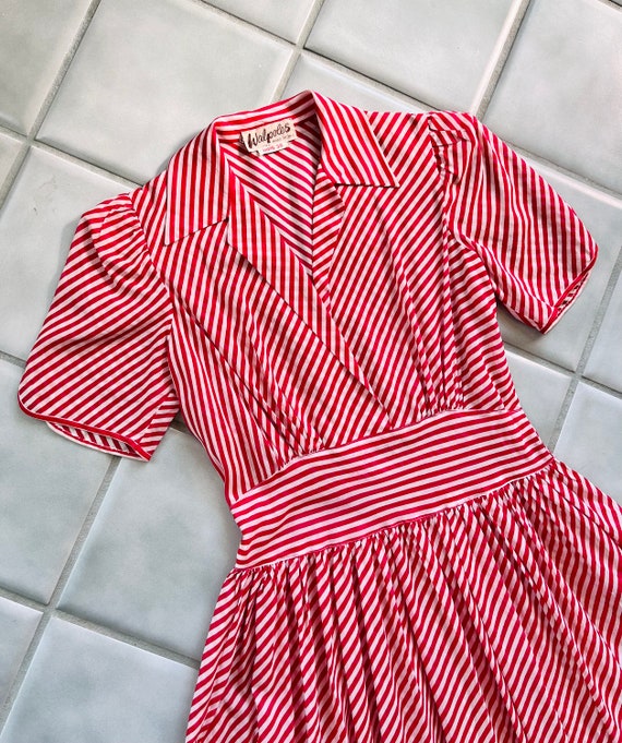 1930s Peppermint Stripe Red + White Dress | Size … - image 7