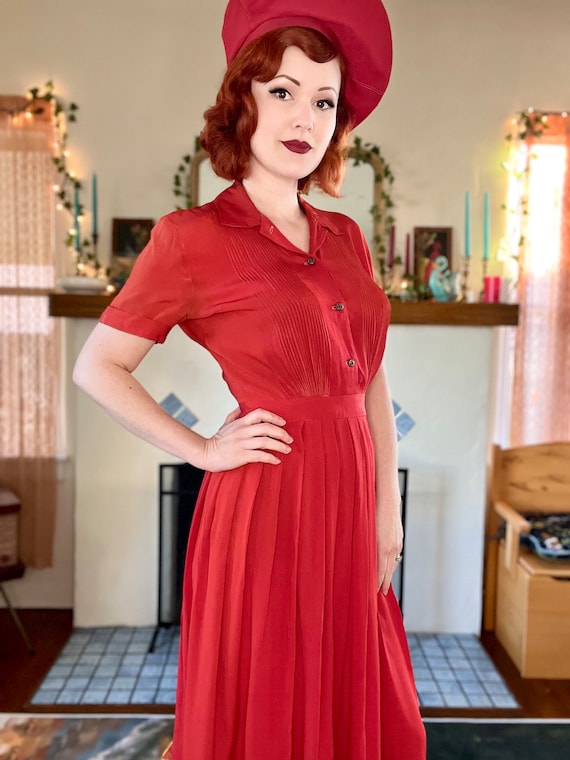 1940s Lipstick Red Rayon Shirt Dress | Button Up … - image 3
