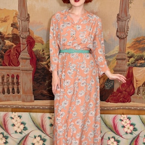 1940s Tan + Teal Novelty Floral Ribbon Print Rayon Button Up Day Dress | Volup XL
