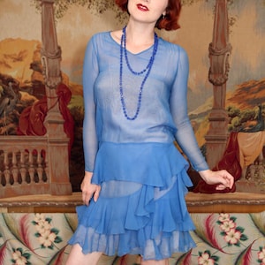 1920s Sheer Persian Blue Drop Waist Flapper Day Dress | Size XS