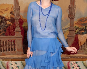 1920s Sheer Persian Blue Drop Waist Flapper Day Dress | Size XS