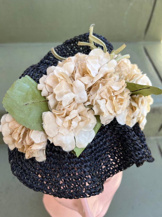 Vintage 1930s Tilt Hat Black Straw Crochet with S… - image 6