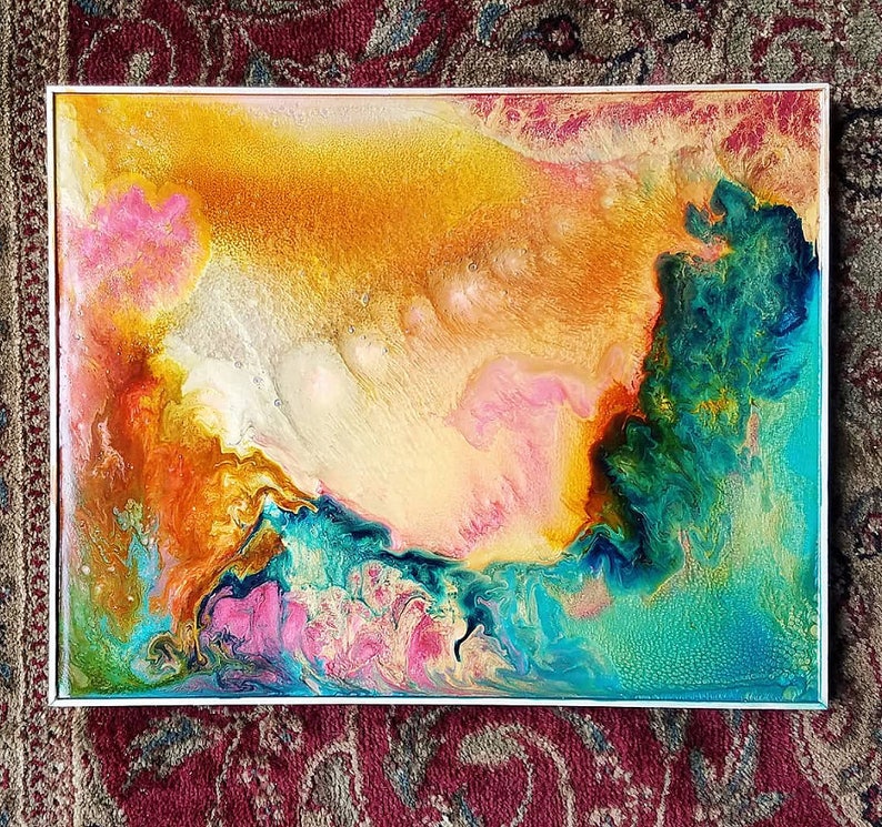 Original Art on Wood mediterranean Honey & Turquoise Waves Colorful