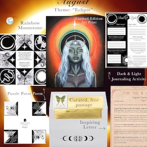 Op de afbeelding: Een verzameling items voor het thema augustus Eclipse, waaronder een limited-edition kunstdruk van een figuur met wit haar, een zwart-wit puzzelgedicht, een werkblad voor journaling-activiteiten en een inspirerende brief in een envelop.